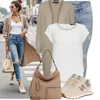 Sommer Outfit mit Grau/Weiß/Hellgrau/Creme Lederjacke/Klassische Tunika/Elegante Tunika/Tuniken-Shirt/Bluse Oberteil/Bluse/Kurzarm-Tunika/Schlupfbluse/Kurzarmbluse Only "Leichte Frühlings Outfits"
