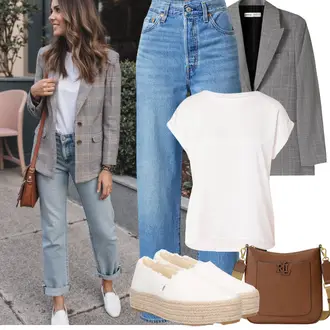 Kombinacije od trapera sa Bijela/Krem Majica I Top Veći Broj/Bluza i Tunika/Bluza Veći Broj Vila, Bež/Bijela/Krem Espadrila s Platformom/Espadrila mula TOMS "Proljetni Outfit"