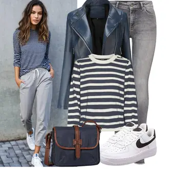 Classic Outfit mit Dunkelblau/Blau Jacke mit Seitlichem Reißverschluss/Bikerjacke/KunstLederjacke YYNUDA "Freizeit Outfit für den Frühling"Look: Stil, Outdoor, Elegant, Boyfriend, Büro, Attraktive, Mom, Classic, Business, Moderne