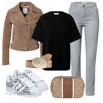 Outfit mit Hellgrau/Grau/Hellblau Hose Große Größe/Sportschuhe/High Waist Jeans/Jeans mit Schlitz/Mom Jean/Regular-Fit Jeans/Lederjacke/Slim Fit Jeans/Straight Leg Jean/Leder Schuhe/Tapered-Jeans/Thermojeans/Herren Lederjacke/Winterjacke Brax "Modisches Frühlingsoutfit"