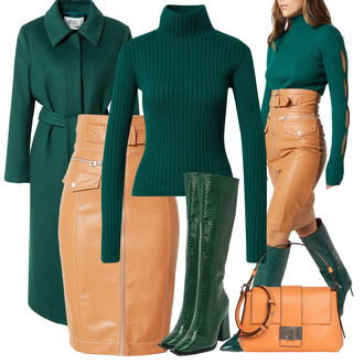 Winter Outfits Mit Gürtel Knielang mit Beige/Orange/Braun Lederimitatröcke/Lederröcke katy perry exclusive for about you "Cooles Winter Outfit"