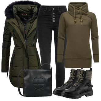 Outfit mit Schwarz Leder Schuhe/Push up Jeans/High Waist Jeans/Damen 7/8-Länge Jeans/Caprijeans/Lederjacke/Cropped Jeans/Thermojeans/Winterjacke/Biker Jeans/Knöchelstiefel Buffalo "Perfekt für den Winter"