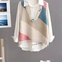 Women's V-neck Viscose Knit Vest - Casual Color Block Layering Cardigan With Knit Fabric Weave