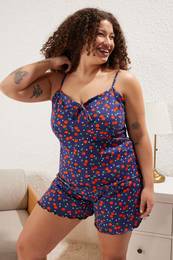 Curve Navy Blue Cherry Patterned Knitted Pajama Set