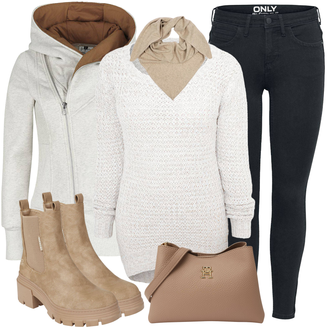 Outfit mit Beige/Braun/Weiß/Khaki/Grau Tuch/Loop Schal/Bandana/Schal Zwillingsherz "Modisches Winter Outfit"