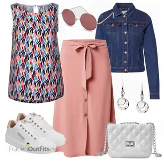 Elegant Outfit mit Rosa Short Große Größe/Kleid Große Größe/60er Jahre Rock/A-Linien-Rock/Wadenlanger Rock/Ausgestellter Rock/Knielanger Rock/Midirock/Moderne Rock/Standesamt Rock About You "Sommer Bekleidung"Look: A-linie, Uni, Fließende, Babydoll, Business, Elegant, Mom, Old Money, Overdressed, Trachten, 70er, Classic, 60er
