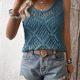 Solid Hollow Out Crew Neck Top, Versatile Sleeveless Loose Knitted Top For , Women's Clothing