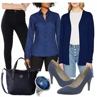 Outfit mit Dunkelblau Bluse Mit Ellen­bogen-patch/LangarmBluse/Bluse Mit Knopf/Bluse mit Stehkragen/Bügelfreie Bluse/Slim Fit Bluse/Business Bluse Seidensticker "Tamaris"