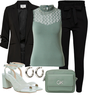 Outfit mit Schwarz Hose Große Größe/Leggings Große Größe/High Waist Hose/Strick Legging/Paperbag Hose/Steghose VERO MODA "Stylischer Bürolook"