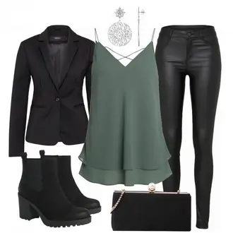 Party Outfits mit Schwarz/Weiß Lederjacke/Lederimitathose/Lederlegging/Leggings Lederoptik/Lederhose/Skinny Hose/Treggings/Biker Jeans/Thermojeans Vila "PartyHard"