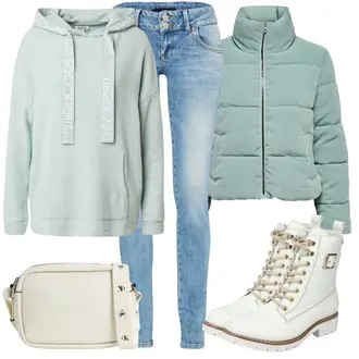 Outfit sa Bež/Bijela/Krem Gležnjača na Vezanje/Motociklistička čizma/motociklistička čizma/Borbena Čizma/Ravna Gležnjača Rieker "Jesenski Outfiti"