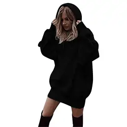 Hoodie Kleid Damen Kapuzenpullover Damen Herbst Kleid, Lose Hoodie Langarm Sweatshirt Lange Jumper Pullover Freizeit Longpulli mit Kapuze Oversize Oberteile, Schwarz, M