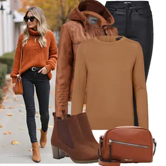 Stil, Western Outfit mit Braun/Dunkelbraun Leder Stiefelette/Lederjacke/Sommerstiefelette/Gefütterte Stiefelette/Chelsea Boot MARCO TOZZI "Cooler Look für den Frühling"Look: Schick, Schlichte, Uni, Techno, Italienische, Stil, Indoor, Country Styl, Western, Smart Casual, Elegant, Nahtlos, Workwear