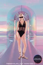 Black Deep V-Neck Mesh Detailed Brazillian Swimsuit
