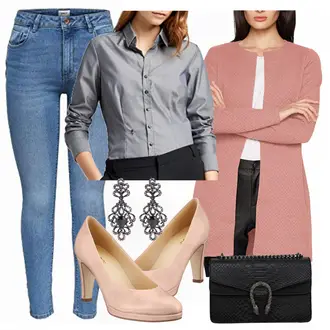 Outfit mit Grau/Dunkelgrau Bluse mit Stehkragen/Bluse Mit Ellen­bogen-patch/LangarmBluse/Bluse Mit Knopf/Business Bluse/Bügelfreie Bluse Seidensticker "The look"