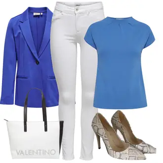 Outfit met Lichtblauw/blauw Korte Mouw Tuniek/Effen Kleur Blouse/Blouse met Trechterhals/Blouse met Korte Mouwen/Blouse met Opstaande Kraag/Lederen jas Fransa "Klassieke lente outfit"