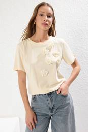Light Stone 100% Cotton Accessory Flower Detailed Regular/Normal Pattern Knitted T-Shirt