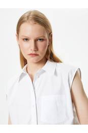 Crop Shirt Short Sleeve Buttoned Pocket Detail Cotton