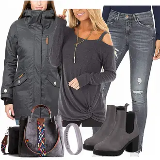 Oversize Outfit mit Grau/Dunkelgrau/Hellgrau/Beige/Braun Winterschuh/Winter Stiefelette/Gummistiefelette/Plateaustiefelette/Gefütterte Stiefelette/Lederjacke/Chelsea Boot Stiefelparadies "Beluring Tshirt"Look: Rad, Casual, Trendige, Smart Casual, Outdoor, Edel, Elegant, Grunge, Premium, Classic, Nahtlos, Oversize, Ausgefallene