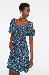 Navy Blue Floral Skater/Belt Opening Gippeli Viscose Mini Woven Dress