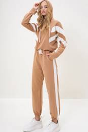 Trend Alaat Stili Women's Biscuit Hooded Sweatshirt and Elastic Leg Tracksuit Set