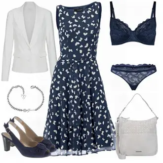 Outfit mit Dunkelblau/Blau Kleid Große Größe/Polka Dot-Kleid/Sommerkleid/50er Jahre Kleid/Ärmelloses Kleid/A-Linien Kleid/Bedrucktes Kleid/Fit & Flare Kleid Heine "Tanja"