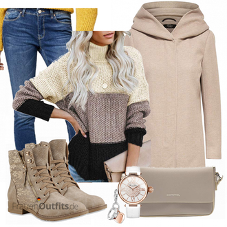 Trachten Outfit mit Beige/Braun/Khaki/Grau Kapuzenmantel/Kaschmir Mantel/Lodenmantel/Leichter Mantel/Wintermantel Wollmantel/Strickmantel/Wollfleece Mantel/Strickfleece Mantel Only "ONLY Mantel"Look: Overdressed, Smart Casual, Kuschel, Casual, Trachten, 60er, Edel, Uni, Mom, Old Money, Maritim, Moderne