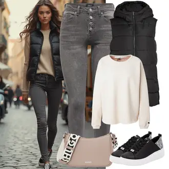 Outfit sa Crna Pufnasti Prsluk/Dugi Prsluk/Kratki Prsluk/Prošiveni Prsluk/Prsluk bez Rukava/Donji Prsluk Vila "Lagana odjeća"