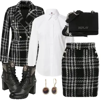 Outfit mit Schwarz/Gelb/Weiß/Braun Short Große Größe/Strick Große/Boucle Rock/Hahnentritt Rock/Karierter Rock/Tweed Rock/Winterröcke wallis petite "Einzigartiges Business Outfit"