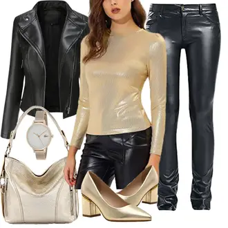 Wetlook Outfit mit Gold/Grau/Gelb Einfarbige Bluse/Crash­Bluse/Transparente Bluse/Blusenbody/Pailletten Bluse/GlitzerBluse Allegra K "Auffälliger Look für den Herbst"Look: Metallic, Elegant, Metal, Wetlook, Disco