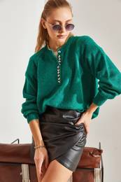 Women's Buttonhole Turtleneck Striped Knitwear Sweater