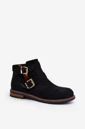 Women's Flat Heel Ankle Boots with Straps Black Melviana