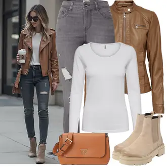 Krásný Outfit s Khaki/Hnědá/Béžová Kožené Bund Kožená vintage bunda/Bunda s Bočním Zipem/Kožená Bomber Bund/Motorkářská bunda/Motorkářské Bund/Bunda z Umělé Kůže/Kožené Bund Only "Jarní Outfit"Look: Western, Moderní, Mom, Krásný, Venkovní, Univerzitní, Pracovní oděvy, 80tá léta