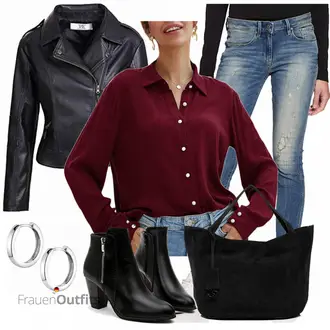 Biker Outfit mit Schwarz/DunkelBlau/Blau Motorradjacke/KunstLederjacke/Bikerjacke ZAKASA "Herbst Outfit für den Alltag"