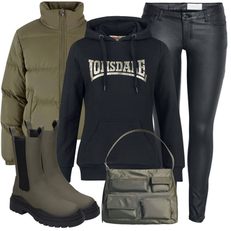Outfit mit Dunkelgrün Chelsea Boot/Gummistiefelette/Gummistiefel/Lederjacke Dockers by Gerli "Street Style Outfit"