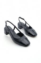 Women's Helmet Square Toe Open Back Short Block Heel Mary Jane Shoes Sedor Black