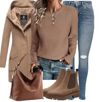 Outfit mit Braun/Beige Lederjacke/Chelsea Boot Tamaris "Winterlicher Look"