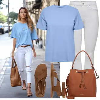 Outfit mit Beige/Braun Riemchen Sandale/Gladiator-Sandale/Römer Sandale/Dianette/T-Strap-Sandale About You "Modisches Freizeit Outfit"