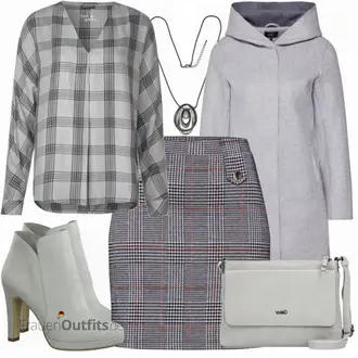 Outfit mit Grau/Dunkelgrau/Dunkelblau/Blau/Lila Short Große Größe/Strick Große/70er Minirock/Boucle Rock/Hahnentritt Rock/Minirock/Karierter Rock/Tweed Rock About You "Street One Hamd"