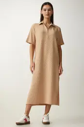 Happiness stanbul Women's Beige Polo Neck Knitted Corduroy Dress