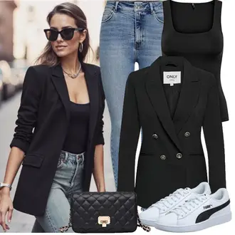 Slim fit Outfit mit Schwarz Zweireiher Blazer Only "Perfektes Büro Outfit"