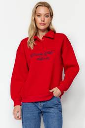 Red Shirt Collar Embroidered Regular Fit Fleece Inside Knitted Sweatshirt