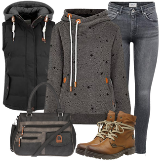 Outfit mit Schwarz Ärmellose Weste/Reitweste/Reiseweste/Funktionsweste/Jagdweste/Kurze Weste/Daunenweste/Steppweste/Trachtenweste/Isolationsweste/Puffer Weste Oxmo "Herbst Outfit für den Alltag"