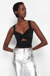Black Crop Window/Cut Out Detailed Knitted Blouse