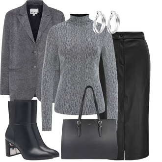 Outfit met Donkergrijs/grijs/Donkerblauw/Lichtblauw Gebreide kleding/Leren Jas/Boucle Blazer/Gebreide Blazer/Boyfriend Blazer Ichi "Outfit voor de winter"