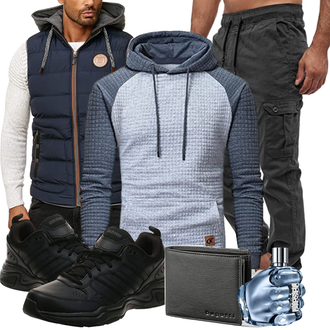 Outfit mit Grau/DunkelBlau/Blau KapuzenPullover/KapuzenPullover/Sport Sweatshirt/Ausgefallener Hoodie/Sport Hoodie/Strick Hoodie YuKaiChen "Cooles Winter Outfit"
