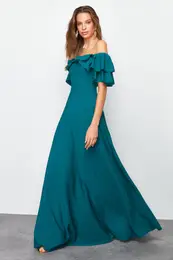 Emerald Green A-Cut Flounce Woven Long Elegant Evening Dress