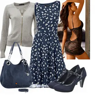 Outfit mit Dunkelblau/Blau Kleid Große Größe/Polka Dot-Kleid/Sommerkleid/50er Jahre Kleid/Ärmelloses Kleid/A-Linien Kleid/Bedrucktes Kleid/Fit & Flare Kleid Heine "Modischer Look für den Herbst"