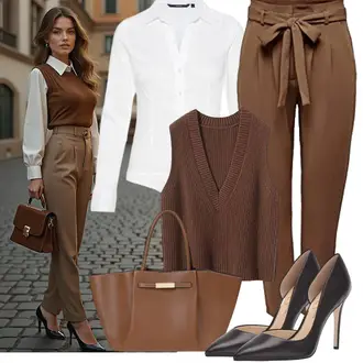 Business Outfits Leger mit Weiß/Khaki/Braun High Waist Hose/Business Hose JdY "Eleganter Look"Look: Business, Leger, Elegant, Trachten, Edel, Casual, Smart Casual, Classic, 20er Jahre