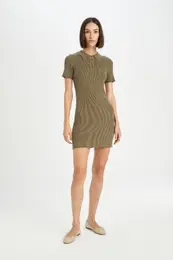Fitted Bodycon Polo Neck Basic Plain Short Sleeve Mini Knit Dress